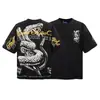 26Ss Camiseta de Manga Corta Ancha con Tachuelas Estampada Cuello Redondo Holgada R3Bel Lavada y Desgastada Retro Europea y Americana para Hombre Tendencia