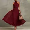 Novo vestido longo de verão feminino elegante com gola halter, sem mangas, cintura estampada e estilo europeu e americano