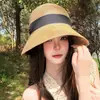 Chapéu de sol de palha com fita de gravata borboleta estilo retrô francês, chapéu de sol com proteção solar para viagem, férias na praia, chapéu de sol casual para mulheres