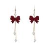Aretes largos de lazo rojo vino con borla de perlas, aretes de otoño e invierno, aretes rojos festivos para novia, para uso diario