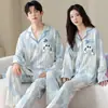 Ropa de Casa Pura de Algodón para Mujer, 100% Algodón, Se Puede Usar Afuera, Atuendo de Pareja, Cárdigan, Solapa, Pijama de Dibujos Animados, Conjunto de Dos Piezas