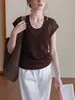 Top de punto hueco de manga corta con cuello en V de estilo simple para mujer, verano, adelgazante, fino, diseño verde, top de dos piezas falso
