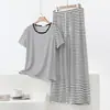 Conjunto de Pantalones de Pierna Ancha de Manga Corta con Cuello Redondo y Rayas de Verano para Casa para Mujer Holgado Tallas Grandes Se Puede Usar Afuera Conjunto Casual de Dos Piezas