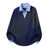 Sudadera con cuello de camisa a rayas de dos piezas falsas para hombre, Nueva llegada Primavera 2026 Estilo Universitario Americano Pareja Casual Holgada