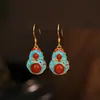 Pendientes de Calabaza Yue Erxin Plata S925 para Mujer Pendientes Dorados Método Antiguo Pendientes Artesanía de Esmalte Azul Quemado Pendientes