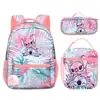 En stock Stitch Mochila Escolar Primaria Bolsa de Comida de Dibujos Animados para Niños Mochila Estuche para Lápices Set de Tres Piezas para el Cabello