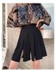 Pantalones Falda Negros de Pierna Ancha Recta de Tiro Alto para Mujer, Tallas Grandes, con Aberturas, Efecto Adelgazante, Pantalones Cortos de Longitud Media