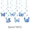 Tela de fondo de forma irregular para fiesta de cumpleaños de mariposa azul, serpentinas con purpurina, decoraciones colgantes en espiral, globos, adornos para pasteles y decoraciones