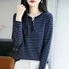 Suéter de Punto Redondo de Lana Fina Otoño/Invierno 2026 Manga Larga para Mujer Bloque de Color Rayas Holgado Falso Dos Piezas