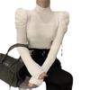 Camiseta de punto de manga abullonada de cuello alto medio para mujer, diseño de nicho para otoño e invierno, suéter elástico de alta calidad para adelgazar, top de moda