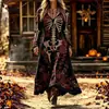 Vestido Largo de Fiesta Vintage Oscuro para Mujer con Estampado de Calavera Gótica y Rosas, Cuello en V, Manga Larga, Estilo Halloween