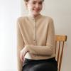 Cardigan de Cashmere Feminino Estilo Outono e Inverno 100% Cashmere Puro Listrado Slim Gola Alta Meia Suéter de Tricô Cor Lisa