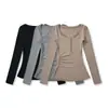 Camiseta de Manga Larga Patchwork con Escote en V de Encaje Falsa de Dos Piezas para Mujer 2026 Otoño Nueva Estilo Coreano Puro Deseo Ajustada Camisa Base Top