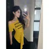 Camiseta de Verano Talla Grande para Mujer con Estampado de Letras 'mm', Hombro Descubierto, Manga Corta, Top de Tirantes Dulce, Sexy y Chic para Adelgazar la Cintura