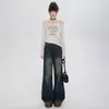 Calça Jeans Flare de Perna Larga Estilo Americano para Mulheres, Tamanho Plus, Outono Inicial, Cintura Alta, Design Solto, Pantalona Flare Emagrecedora, Comprimento Total