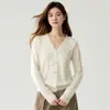 Cardigã de cashmere com acabamento em renda, novo estilo de outono, gola alta feminina com franjas, elegante casaco de lã de abotoamento simples, bege claro