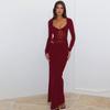 Roupas Femininas Europeias e Americanas Amazon 2026 Primavera Novo Cor Sólida Manga Longa Renda Costurada Vestido Longo Vestido Sexy com Recortes