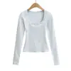 M1104-26 Novo Estilo Coreano Outono Inicial Slim Fit Manga Longa Lisa Básica Gola Quadrada Camiseta