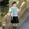 Conjunto de Verano para Niños Hanfu 2026 Nuevo Estilo Chal Tradicional Chino para Niños Camiseta de Manga Corta Pantalones Cortos Conjunto de 3 Piezas Nuevo Estilo Chino Traje Tang