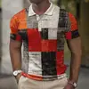 Camisa Polo Europeia e Americana Masculina Transfronteiriça Tendência com Estampa Digital 3D, Bloqueio de Cor Xadrez, Manga Curta, Colarinho Cuban