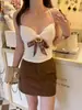 Camisola acolchada para mujer con diseño que ciñe la cintura, efecto adelgazante, cuello camisero de retazos, top corto con lazo, corte ajustado, casual y versátil