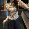 Novo Top Floral Sem Manga Estilo Chinês para Mulheres, Gola Alta Melhorada, Fechamento Diagonal com Botões de Rã, Pregas Laterais, Corte Justo, Camisa Colete Regata Estilo Chinês