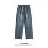 Jeans de hombre de moda, corte holgado estilo americano, cordón, pierna recta, pantalones largos casuales, estilo coreano, a la moda, retro, pierna ancha, versátiles