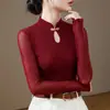 Nuevo top de malla fino de estilo chino para mujer, otoño, cuello alto, hueco, capa base, con un toque de alta gama