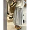 Falda de Cintura Elástica, Estilo Coreano, Estilo Perezoso, Algodón con Rayas Verticales, Cordón, Primavera y Verano, Rayas Beige Gris Azul