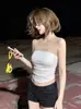 Camisola de malha com retalhos e estampa de letras para mulheres, top tubinho sem mangas estilo "hot girl" de verão com bojos, deslumbrante estilo tailandês