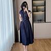 Vestido Jeans Retro da Moda para Mulheres Verão 2025 Novo Petite Cintura Alta Emagrecedor Patchwork Elegante Midi