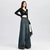 Jeans de Pierna Ancha de Tiro Alto Azul Oscuro para Mujer 2024 Nuevo Otoño e Invierno con Forro Polar Estilo Perezoso Suelto Adelgazantes