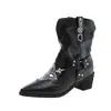 Primer Encuentro Ji Estilo Retro Botas Vaqueras Occidentales Negras para Mujer Punta Puntiaguda Bordado Remaches Hebilla de Cuero Tacón Grueso Botines Tobillo Otoño 2026