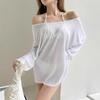 Blusa Sexy de Moda Nueva de Primavera y Verano para Mujer Europea y Americana Protección Solar Transparente Cuello Inclinado Playa Marítima Vestido con Abertura