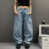 Jeans Lavados Retro Americanos con Bolsillos Desgastados y Diseño de Retazos para Hombres y Mujeres de Cintura Alta, Pierna Recta Ancha, Largos