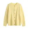 Cardigan de Tricô com Ponto Torcido Cor Sólida Gola Redonda Unissex Solto Casual Retrô Suéter Casaco Primavera Outono