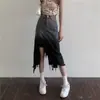 Saia Jeans Preta com Fenda Irregular para Mulheres, Novo Estilo de Primavera, Saia Bodycon de Cintura Alta Fina de Comprimento Médio