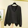 Nova blusa de moletom feminina de manga comprida para outono e inverno feita de veludo alemão, solta e casual, gola V espessa, top quente, camisa base versátil tipo pulôver