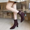 Botas Curtas Sexy Francesas Outono e Inverno Novo Estilo Fivela de Cinto Fosca Bico Fino Salto Grosso Popular Elegante Salto Alto Botas Slim para Mulheres
