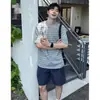Camiseta de Verano para Hombre con Rayas Grises de Manga Corta, Estilo Universitario Retro Americano para Pareja, Corte Limpio Resistente Hombro Normal Manga Media