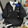 Camiseta casual estilo japonês gola redonda, falsa peça dupla, manga curta para mulheres, marca trendy ins de verão, versátil, algodão puro, color block, top para casais para homens