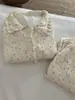 Conjunto de gaze dupla camada, suave e fofo, com gola franzida, cardigã doce e loungewear confortável para casa