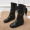Comercio Exterior Otoño e Invierno Nuevas Botas de Tacón Bajo hasta Media Pantorrilla con Cordones Traseros Botas de Caballero Europeas y Americanas de Tacón Grueso y Punta Redonda Talla Grande Venta al por Mayor