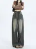 Jeans Vintage Lavados de Pierna Ancha para Mujer, Nuevos Tallas Grandes Adelgazantes de Cintura Alta Estilo Americano de Pierna Recta Petite Sueltos de Largo Hasta el Suelo