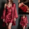 Conjunto sexy de camisola y camisón de encaje con escote en V profundo y deseo puro, bata de seda sintética, pijama de falda corta para casa, talla europea