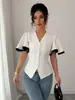 Camisa de Cor Sólida com Gola V, Punhos Blocados por Cores e Design Elegante que Marca a Cintura, Moda Europeia e Americana, Vendida Quente no Cross-Border da Amazon, para o Trabalho