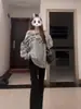 Sudadera Gris de Estilo Americano sin Hombros para Mujer, Popular Otoño e Invierno Forrada de Polar Gruesa Holgada Moda Estampado de Letras Top Petite