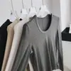 Camiseta de punto para mujer de manga larga, suave y flexible, de lana Lyocell Tencel, fina, de cuello en U, corte ajustado, para otoño