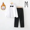 Traje Formal para Meninos com Camisa Branca Forrada de Fleece, Calça Social Preta, Colete, Suspensórios para Florista, Traje para Apresentação de Coro Infantil