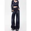 Pantalones de Mezclilla Suave de Pierna Ancha de Tiro Alto Azul Retro Populares para Mujer, Estilo High Street Americano Otoño/Invierno Pantalones Rectos de Longitud hasta el Suelo